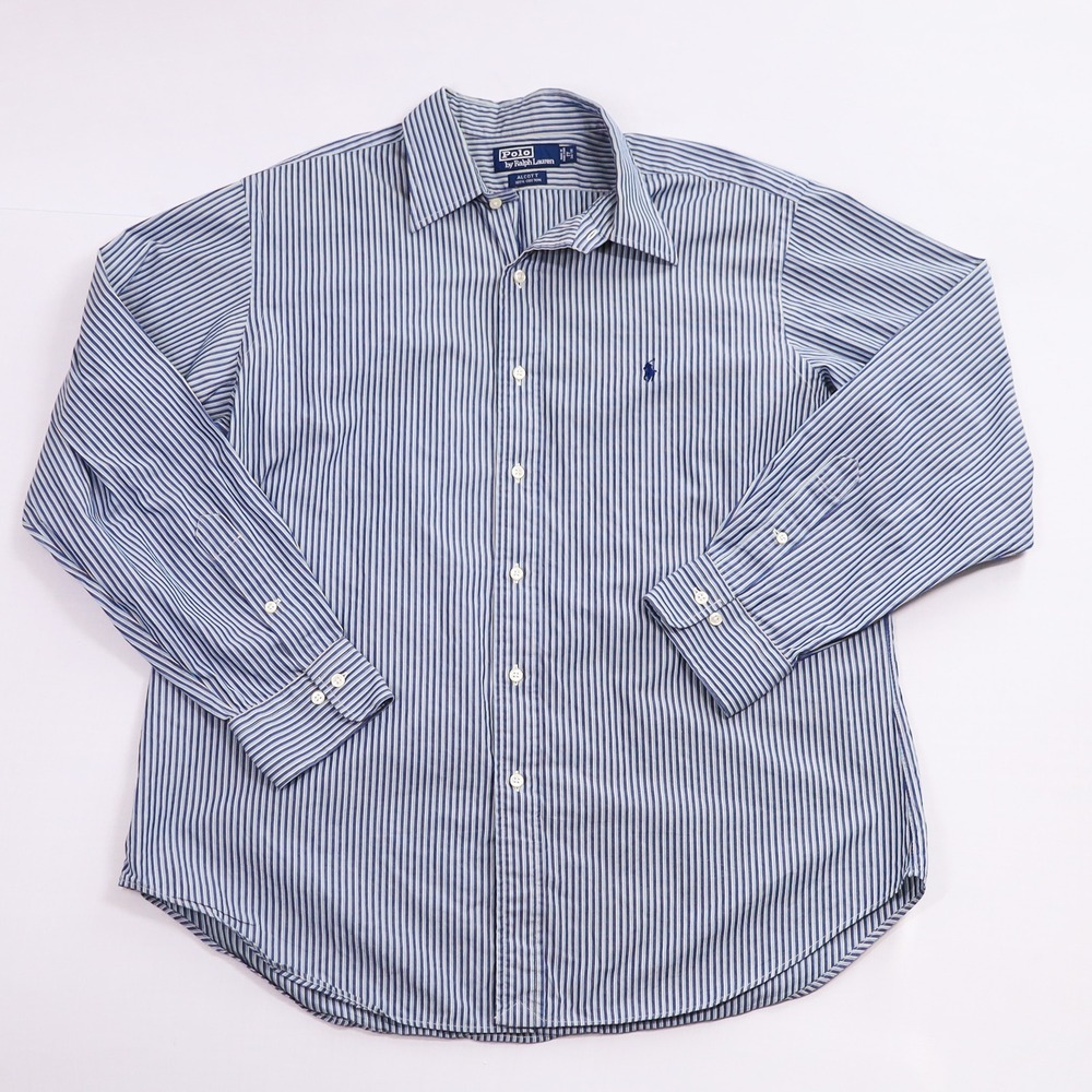 Polo Ralph Lauren Alcott Mens 17 34/35 Blue White Striped Cotton Button Shirt